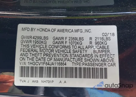 2018 Honda Accord Ex-L из США, поврежденный, VIN 1HGCV1F64JA116864